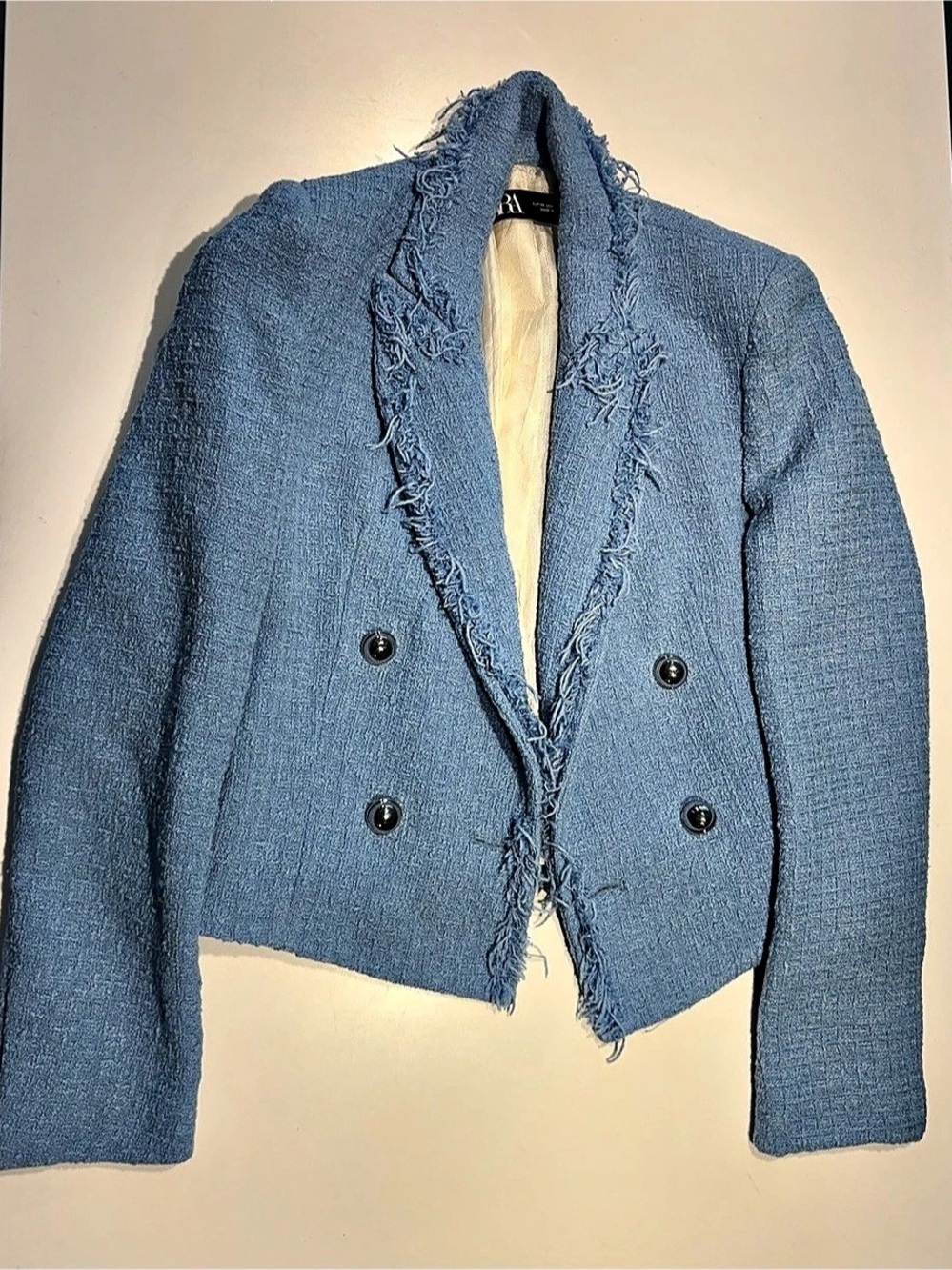 Zara Blue Tweed Double Breasted Frayed Blazer XS